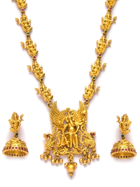 Alankruthi Gold Plated Pink & Green Stone Studded Temple Jewellery Set