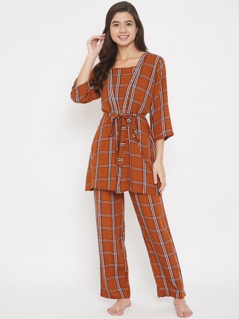The Kaftan Company Women Brown & Black Checked 3 Piece Night suit