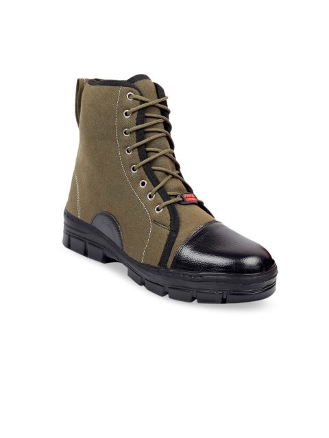 Woakers Men Olive Green & Black Colourblocked Mesh High-Top Flat Boots