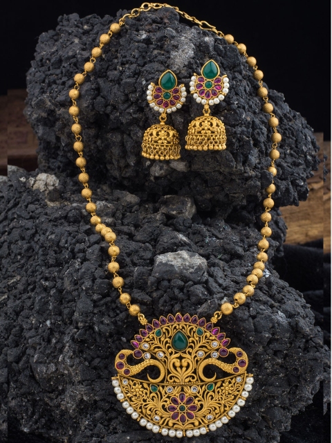 Alankruthi Gold-Plated Green & Violet Stone Studded & Pearl Beaded Temple Jewellery Set
Alankruthi Gold-Plated Green & Violet Stone Studded & Pearl Beaded Temple Jewellery Set