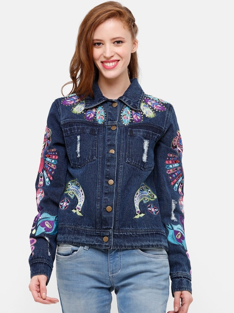 STROP Women Blue Printed Lightweight Denim Jacket