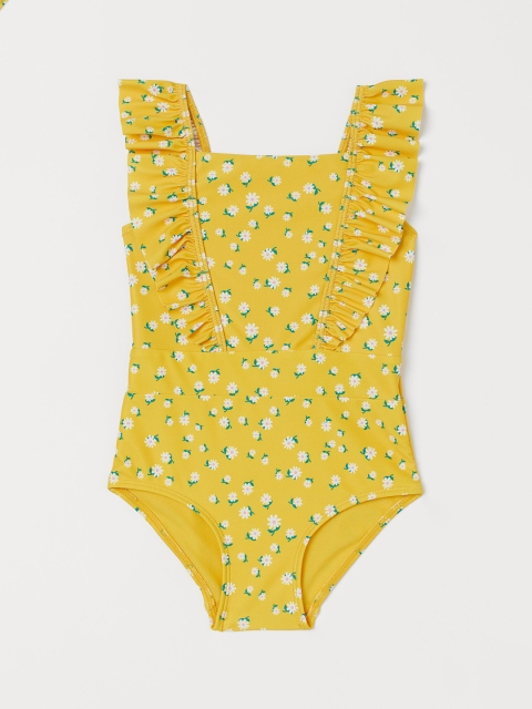 H&M Girls Yellow & White Floral Printed Flounced Swimsuit
