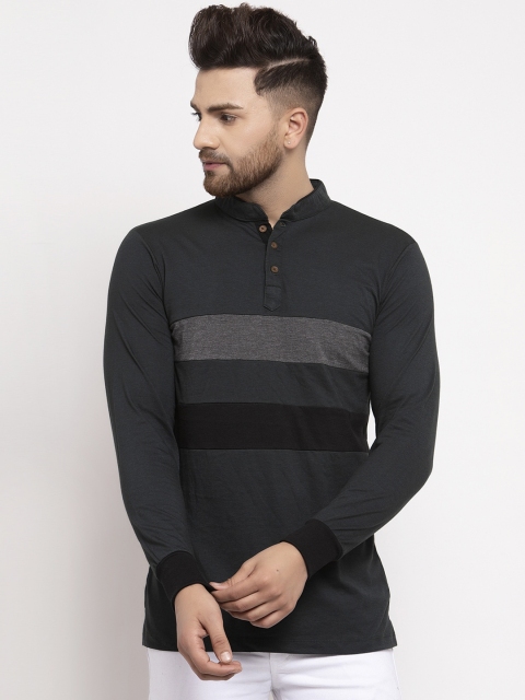 Kalt Men Grey Striped Mandarin Collar T-shirt