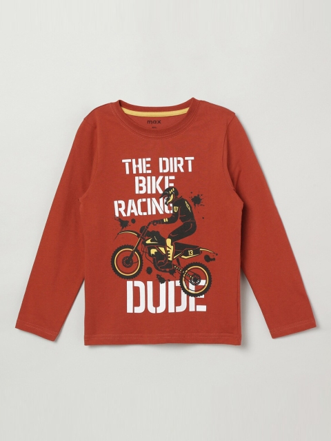 max Boys Rust Orange Printed Cotton Round Neck Pure Cotton T-shirt
