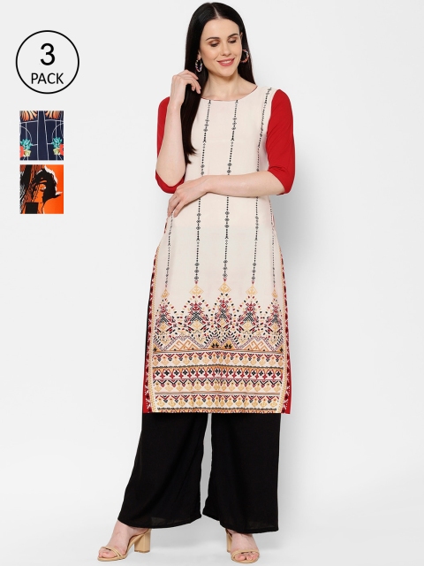 7Threads Women Pack Of 3 Printed Straight Kurtas, Navy blue