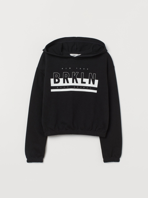H&M Girls Black Printed Boxy Hoodie