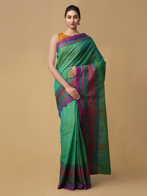 Unnati Silks Green & Pink Pure Cotton Woven Design Mysore Silk Handloom Saree