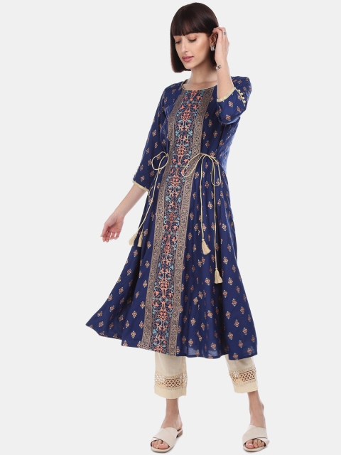 Anahi Women Navy Blue & Beige Printed Anarkali Kurta