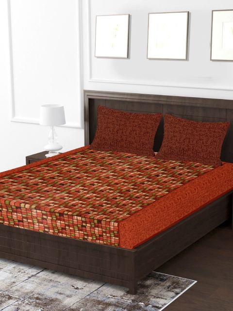Tistabene Orange & Green Printed 144 TC 1 King Bedsheet With 2 Pillow Covers