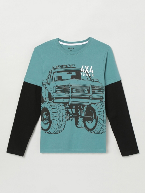 max Boys Green Printed Round Neck T-shirt