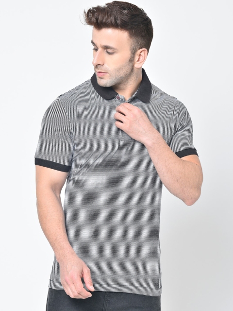 Chkokko Men Black Striped Polo Collar T-shirt