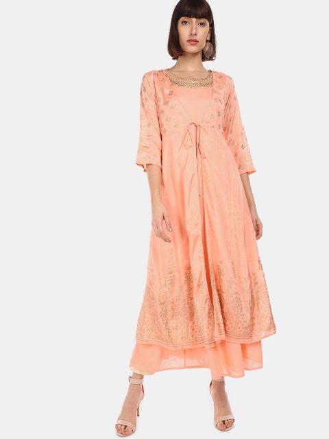 Anahi Women Peach-Coloured Embroidered A-Line Kurta