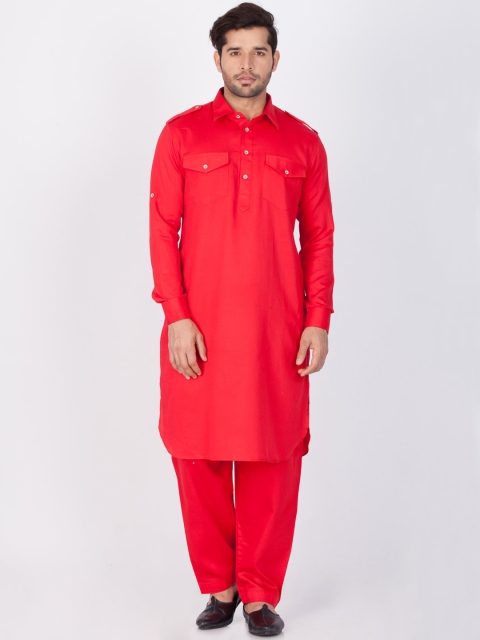 VASTRAMAY Men Red Solid Pathani Kurta with Pyjamas