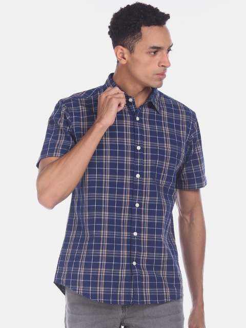 Ruggers Men Navy Blue & Beige Regular Fit Checked Casual Shirt