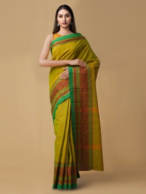 Unnati Silks Green Pure Cotton Solid Mysore Silk Saree