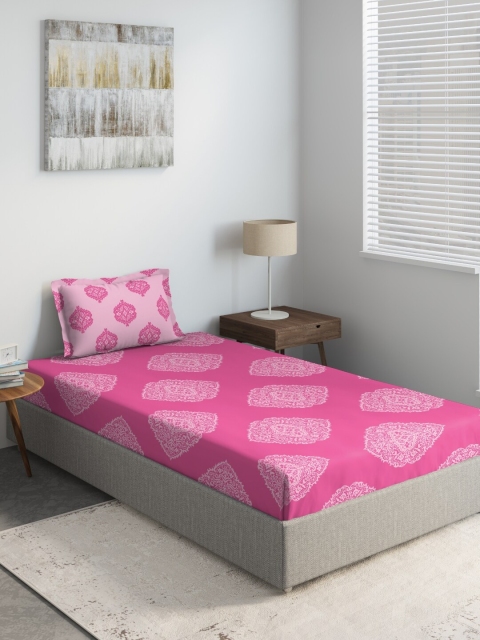 DDecor Pink Floral Printed 144 TC Cotton Single Bedsheet With Pillow Cover