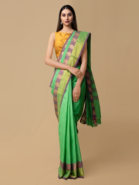 Unnati Silks Green Pure Cotton Solid Venkatgiri Saree