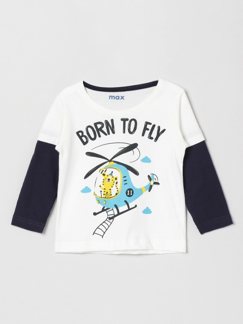 max Boys White Printed Cotton Round Neck Pure Cotton T-shirt