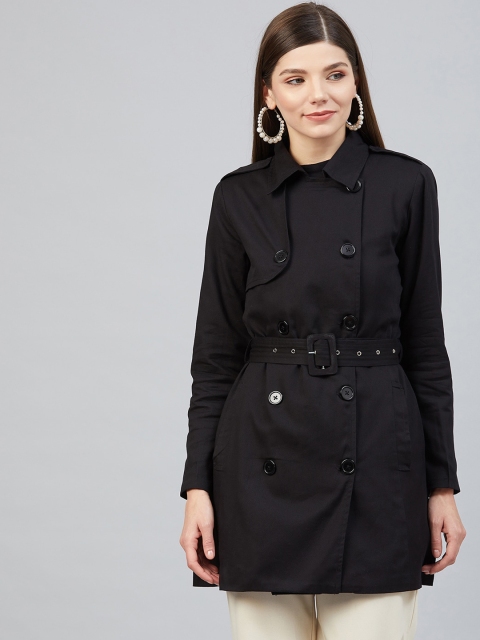 Carlton London Women Black Solid Trench Coat