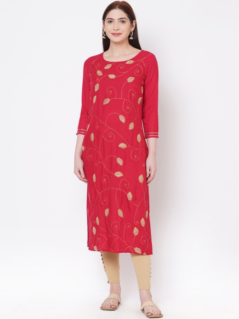 FASHOR Women Maroon Embroidered Straight Kurta