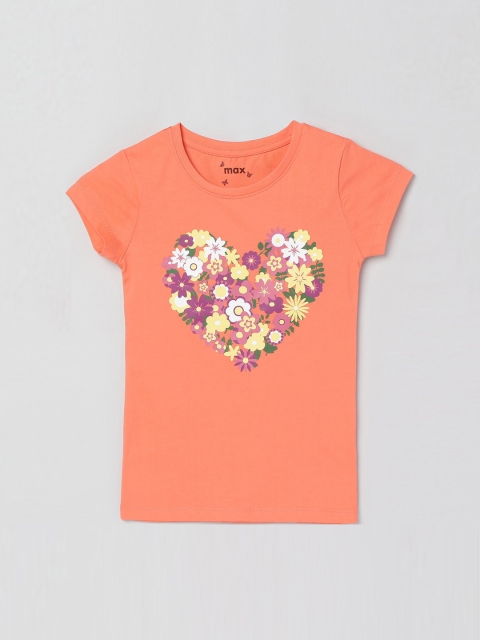 max Girls Peach Printed Round Neck T-shirt