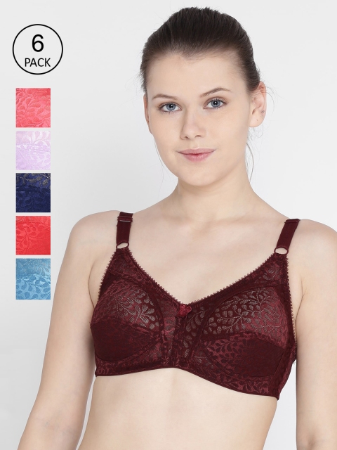 Leading Lady Pack Of 6 Self Design Non-Padded Non-Wired Push-Up Bra, Red