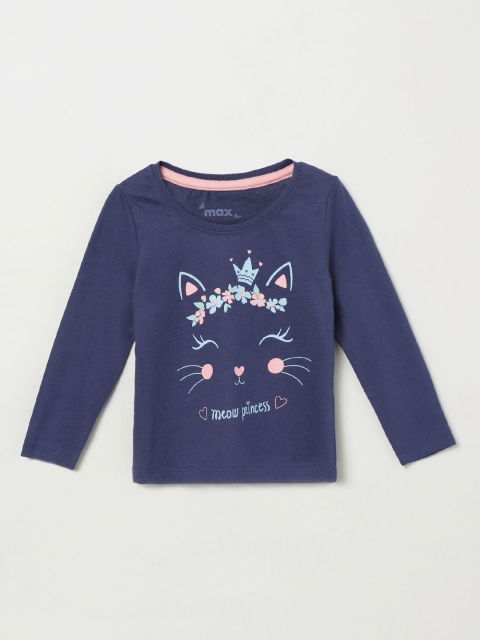 max Girls Navy Blue Printed Round Neck Pure Cotton T-shirt