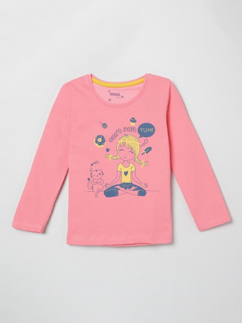 max Girls Peach-Coloured Printed Round Neck Pure Cotton T-shirt