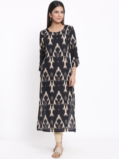 kipek Women Black & Cream-Coloured Printed Straight Kurta