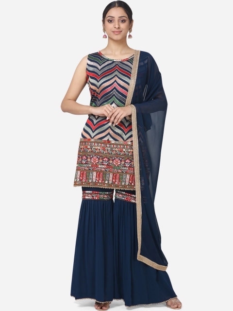 BOMBAY SELECTIONS Women Navy Blue Embroidered Kurta with Sharara & Dupatta