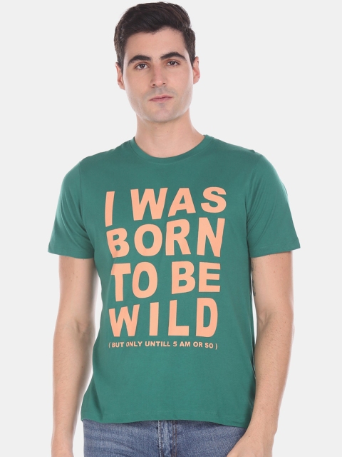 Colt Men Teal Green Printed Round Neck T-shirt