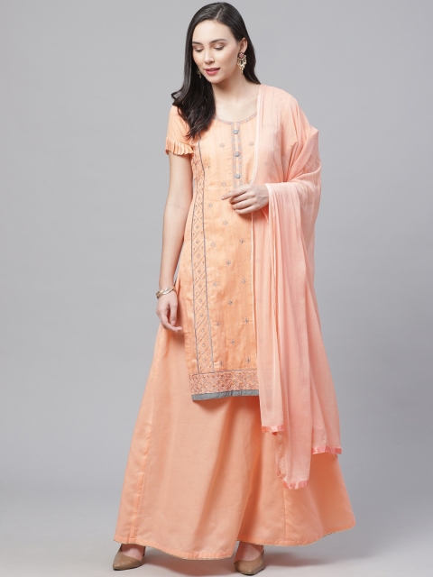 Chhabra 555 Women Orange Embroidered Cotton Kurta with Skirt & Dupatta