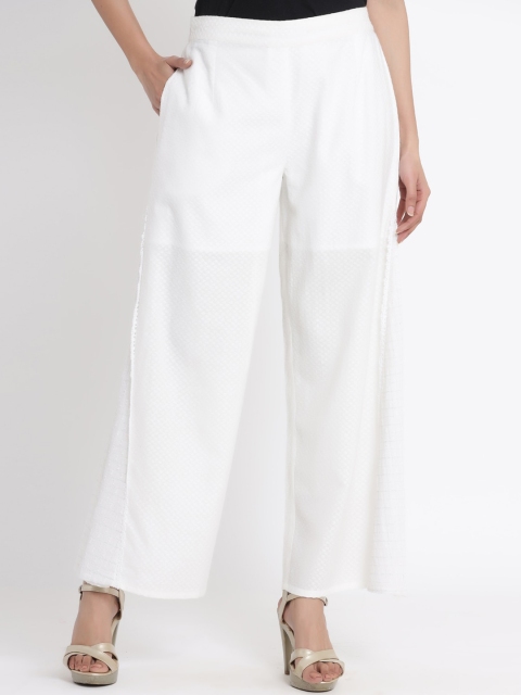 Juniper Women White Solid Dobby Flared Palazzo