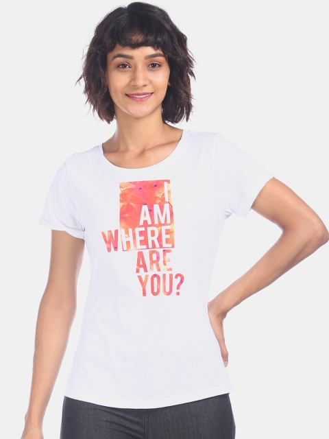 Sugr Women Off-White Printed Round Neck T-shirt