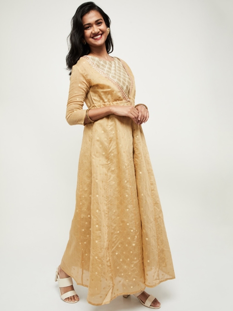 max Women Gold Printed Anarkali Kurta with Jacket