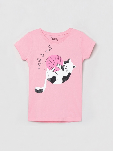 max Girls Pink Black Printed Round Neck Pure Cotton T-shirt