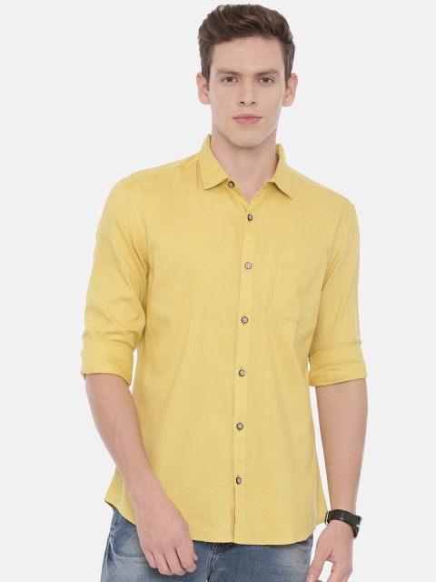 William White Men Yellow Slim Fit Solid Casual Shirt