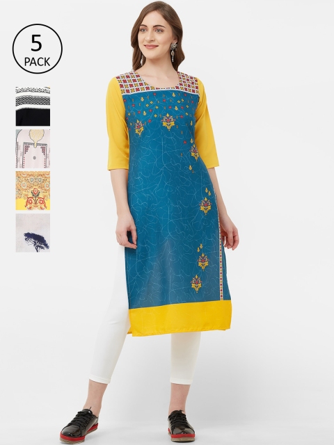 7Threads Women Pack of 5 Multicoloured Printed Straight Kurtas, Multi