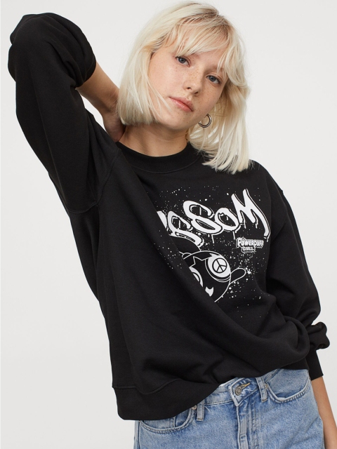 H&M Women Black Oversized Printed Sweatshirt