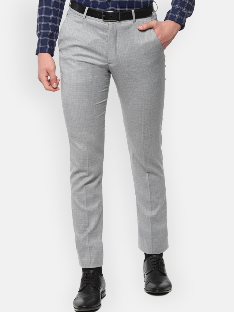 Louis Philippe Men Grey Slim Fit Checked Formal Trousers