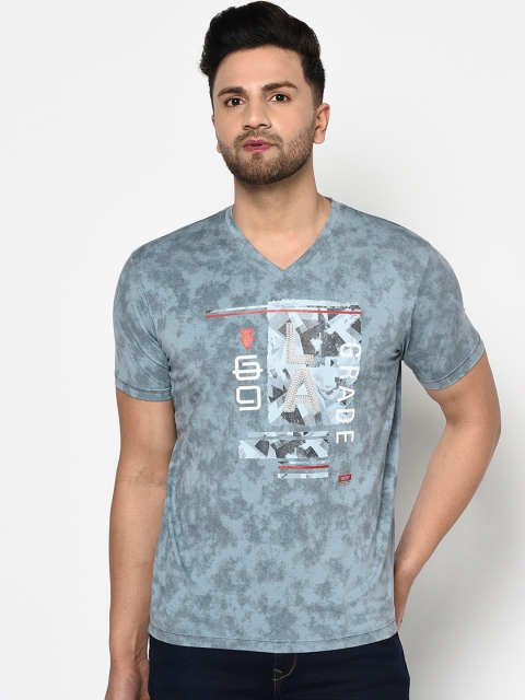 Duke Men Blue Printed V-Neck T-shirt