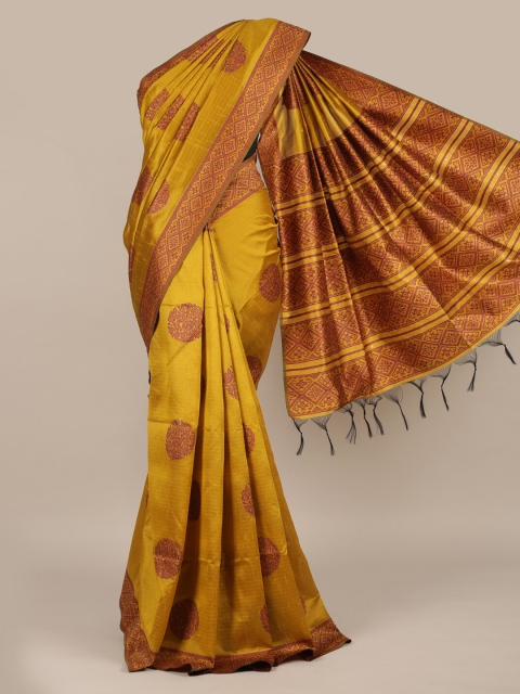 Pothys Mustard Yellow Printed Jute Silk Saree