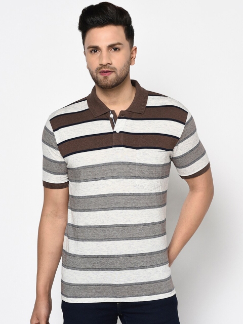 Duke Men Brown Striped Polo Collar T-shirt