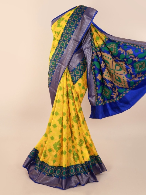 Pothys Yellow & Blue Cotton Blend Printed Saree