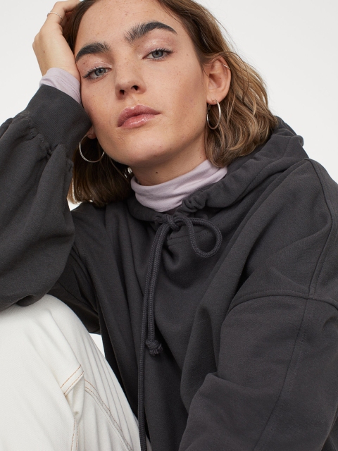 H&M Women Charcoal Grey Solid Oversized Hoodie