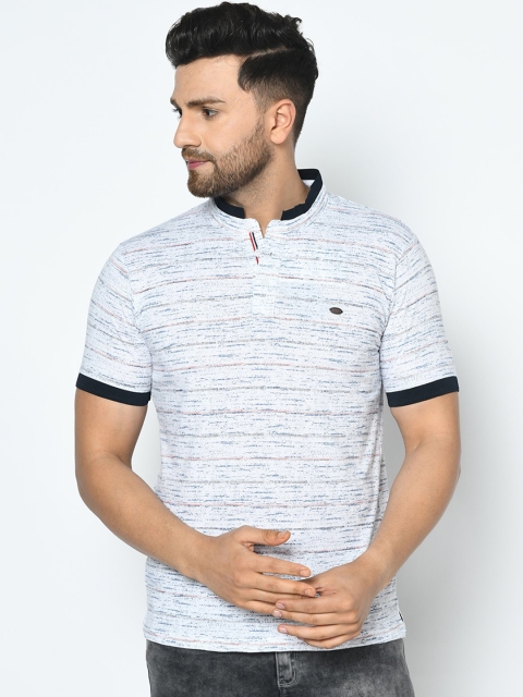Duke Men Blue Printed Mandarin Collar Cotton T-shirt