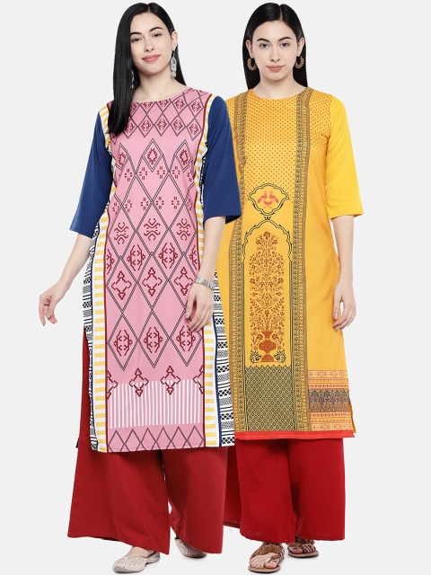 7Threads Women Pack of 2 Printed Straight Kurtas, Multi