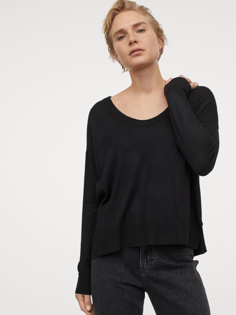 H&M Women Black Solid Fine-Knit Jumper