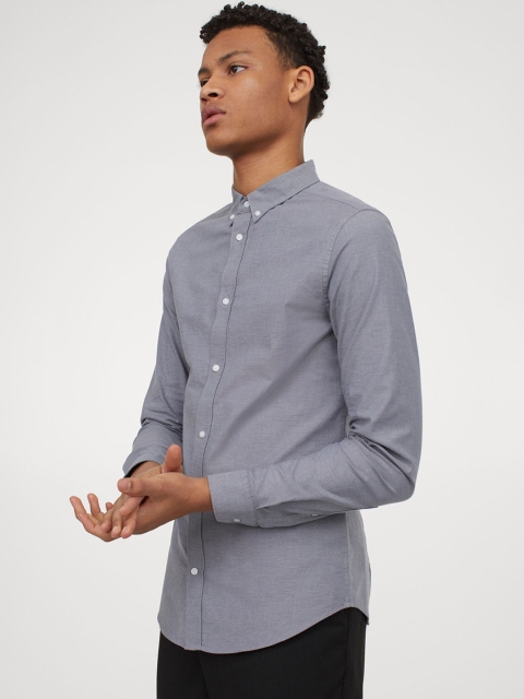 H&M Men Grey & Blue Oxford Shirt Muscle Fit