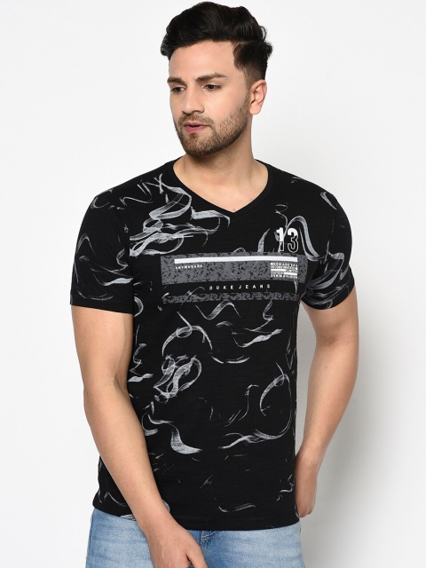 Duke Men Black Printed V-Neck Cotton T-shirt